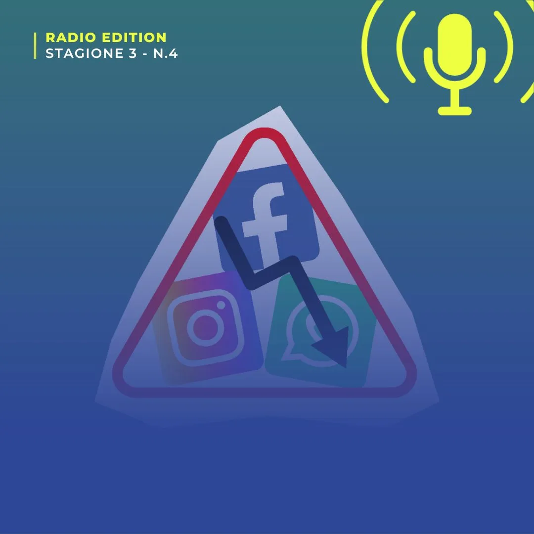 Cartello di pericolo con i loghi di Facebook, Instagram e WhatsApp: il blackout mondiale