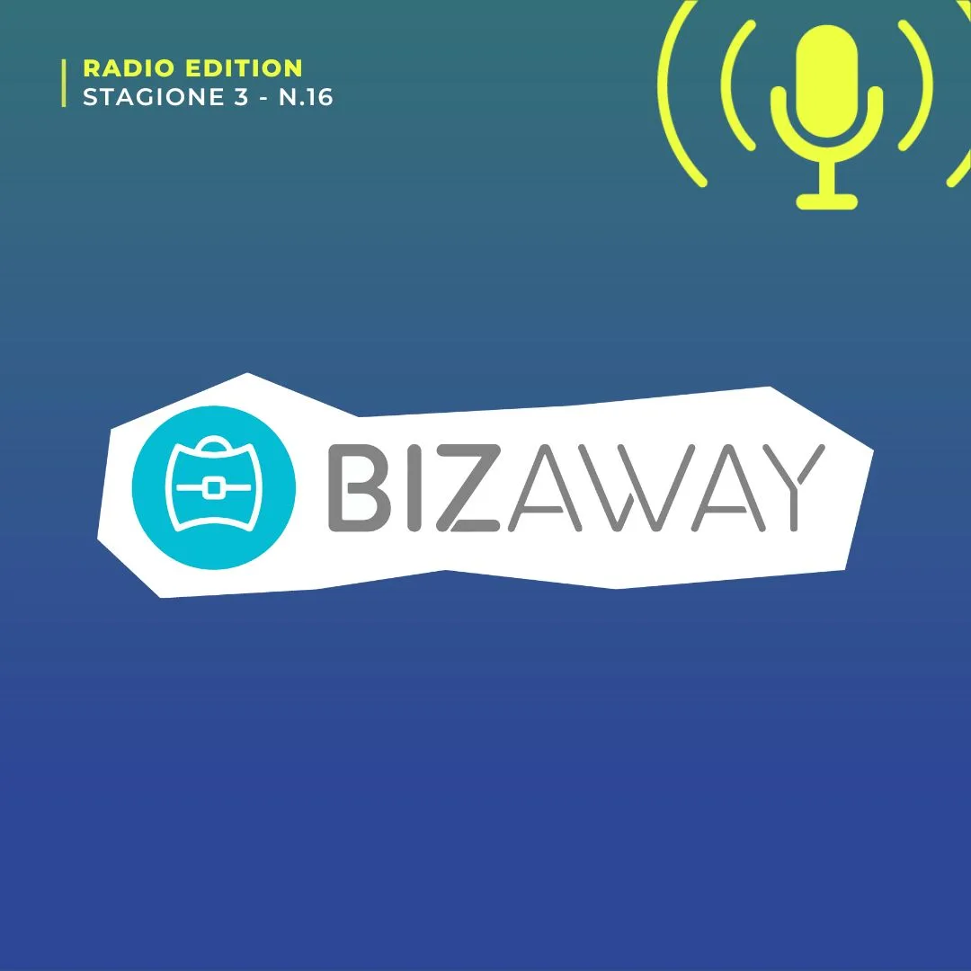 Logo di BizAway, la piattaforma per i viaggi di lavoro, su sfondo blu