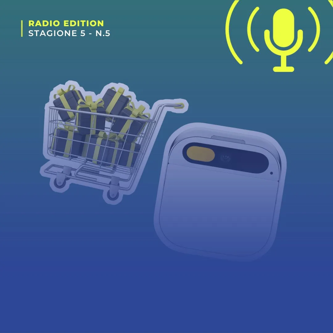 Carrello con pacchi regalo e la spilla Humane AI Pin: Black Friday e intelligenza artificiale