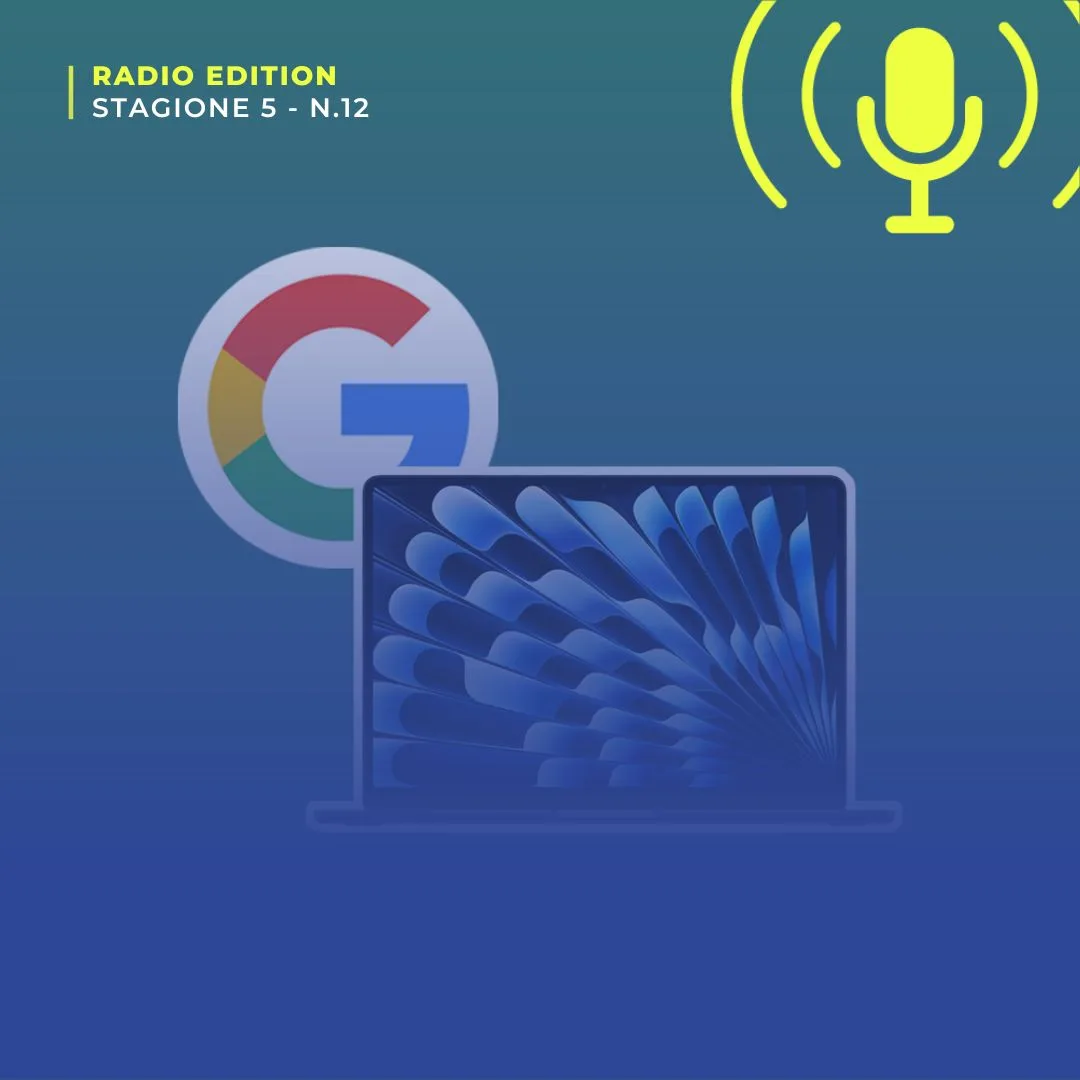 Logo di Google e il nuovo MacBook Air M3 su sfondo blu