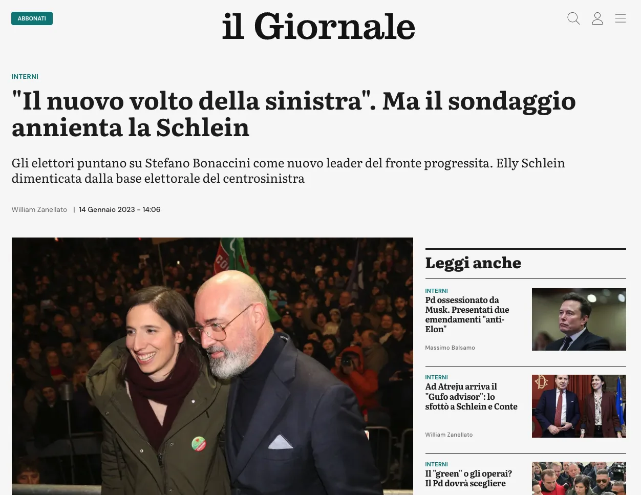 Articolo de il Giornale su un sondaggio sulla Schlein, con la foto di Elly Schlein e Stefano Bonaccini