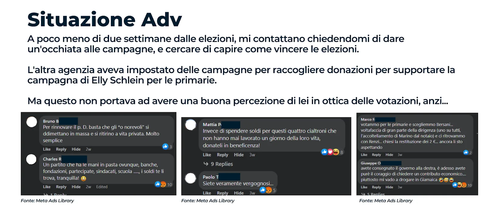 Situazione Adv: i commenti alle inserzioni Meta della campagna per Elly Schlein