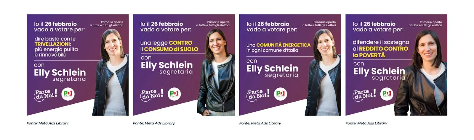 Quattro inserzioni Meta della campagna di Elly Schlein per le primarie del PD