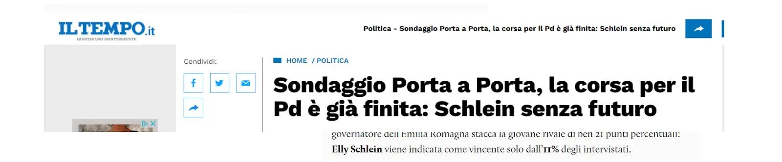 Articolo de Il Tempo sul sondaggio porta a porta: «Schlein senza futuro»