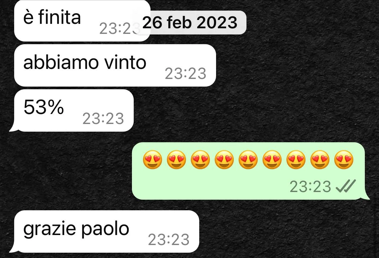 Chat del 26 febbraio 2023: «è finita, abbiamo vinto, 53%», la vittoria alle primarie del PD