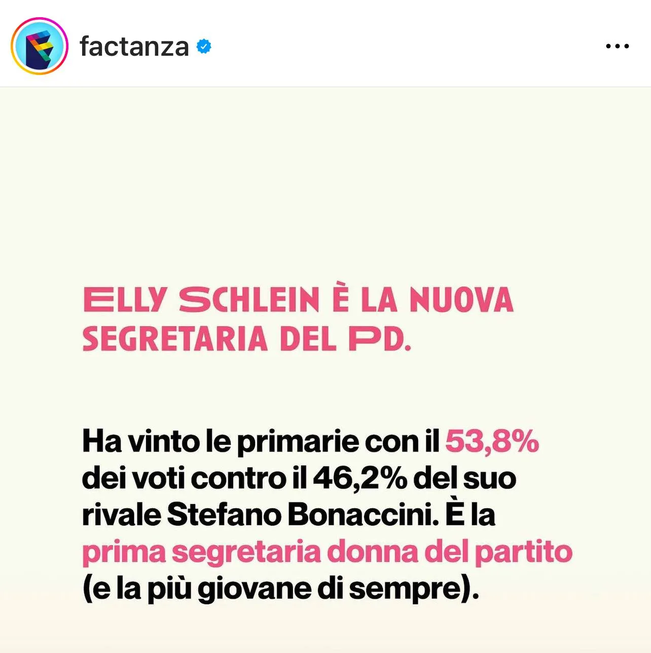 Post di Factanza: Elly Schlein è la nuova segretaria del PD, ha vinto le primarie con il 53,8%