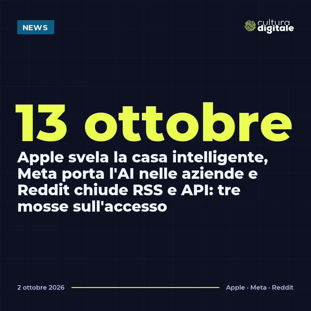 13 ottobre: Apple svela la casa intelligente, Meta porta l'AI nelle aziende e Reddit chiude RSS e API