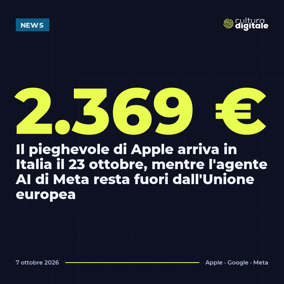 2.369 €: Il pieghevole di Apple arriva in Italia il 23 ottobre, mentre l'agente AI di Meta resta fuori dall'Unione europea