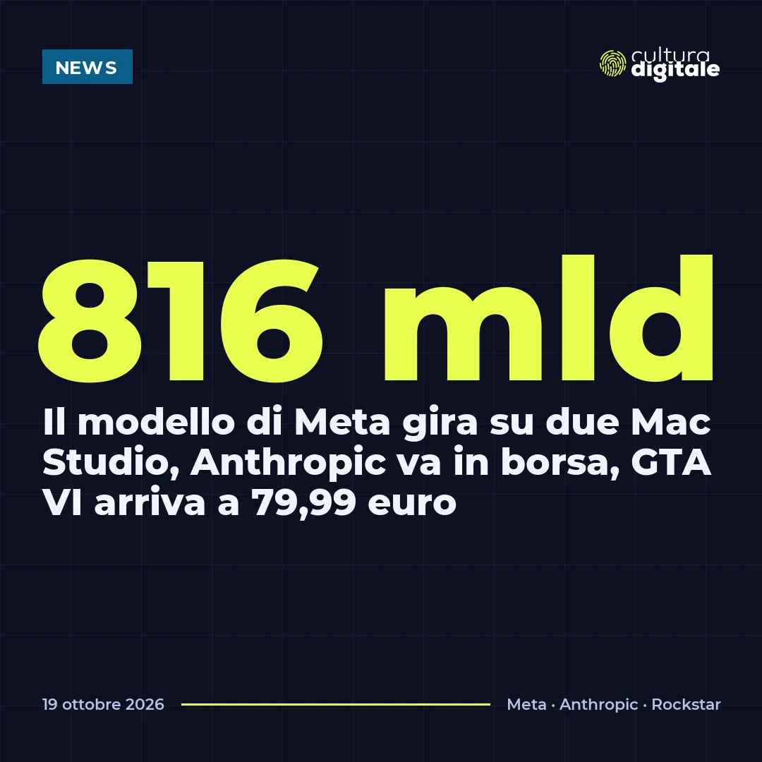 816 mld: Il modello di Meta gira su due Mac Studio, Anthropic va in borsa, GTA VI arriva a 79,99 euro