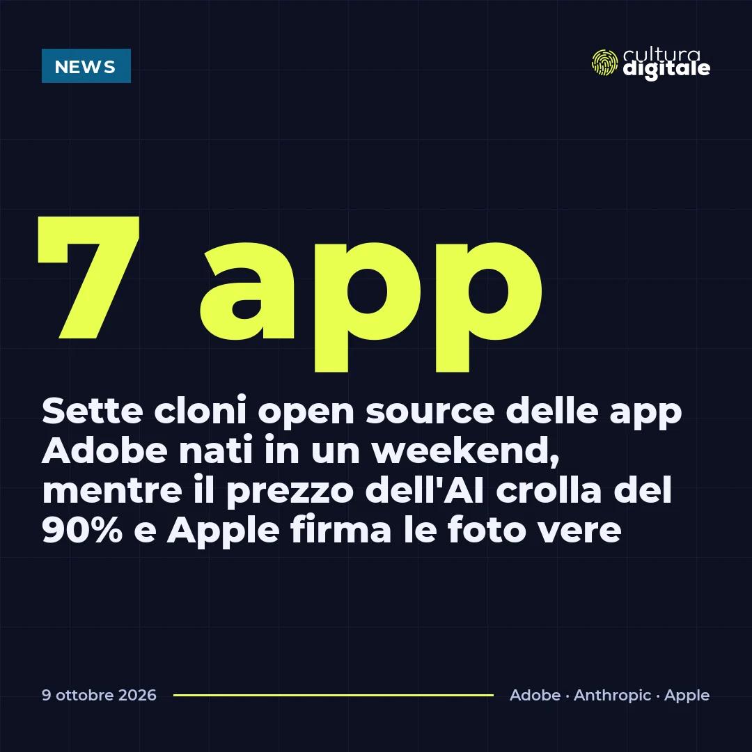 7 app: Sette cloni open source delle app Adobe nati in un weekend, mentre il prezzo dell'AI crolla del 90% e Apple firma le foto vere